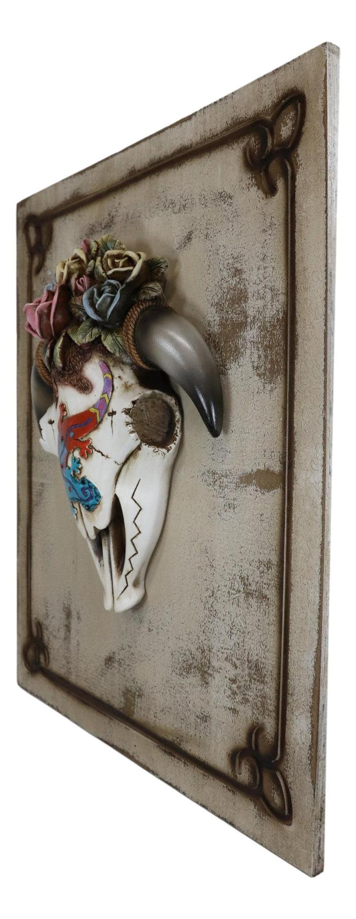 Ebros Gift Rustic Western Lizard Gecko Cow Skull With Colorful Roses Wall Decor Plaque