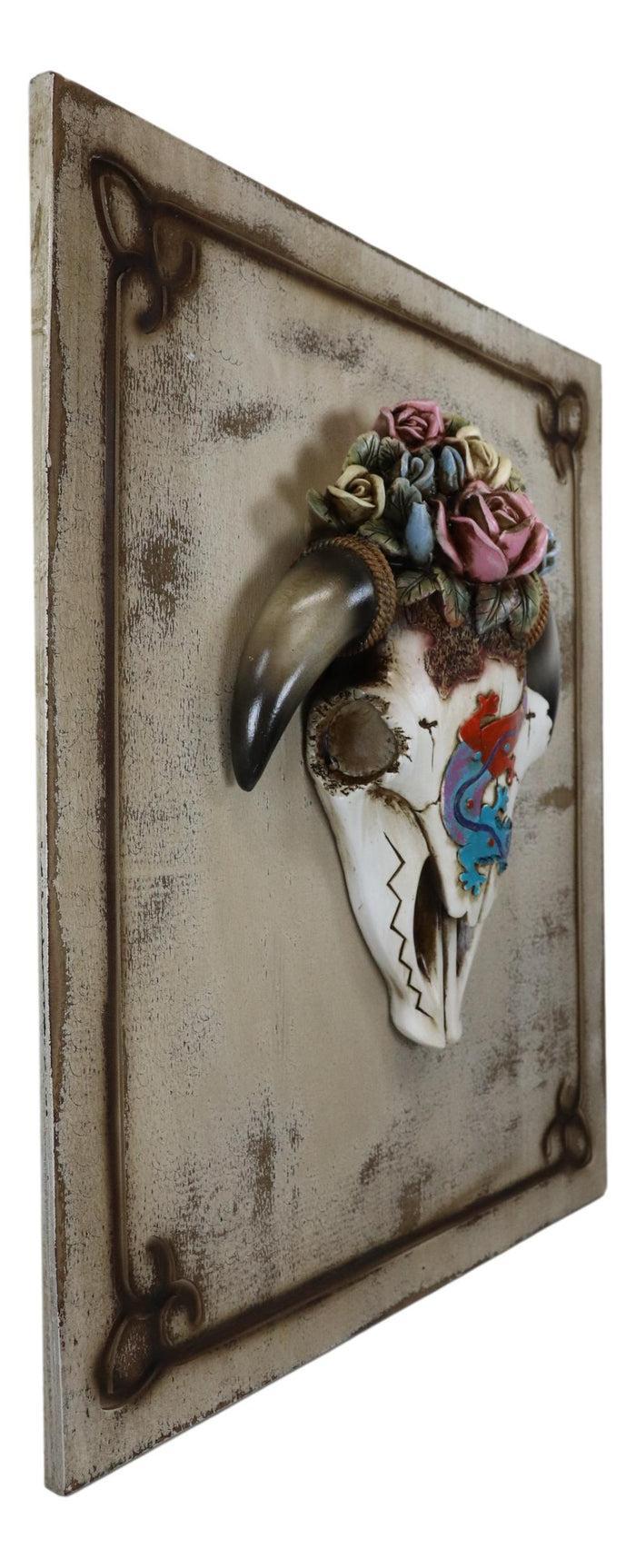 Ebros Gift Rustic Western Lizard Gecko Cow Skull With Colorful Roses Wall Decor Plaque