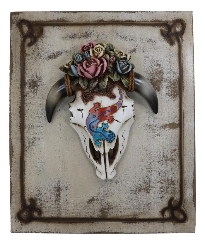 Ebros Gift Rustic Western Lizard Gecko Cow Skull With Colorful Roses Wall Decor Plaque