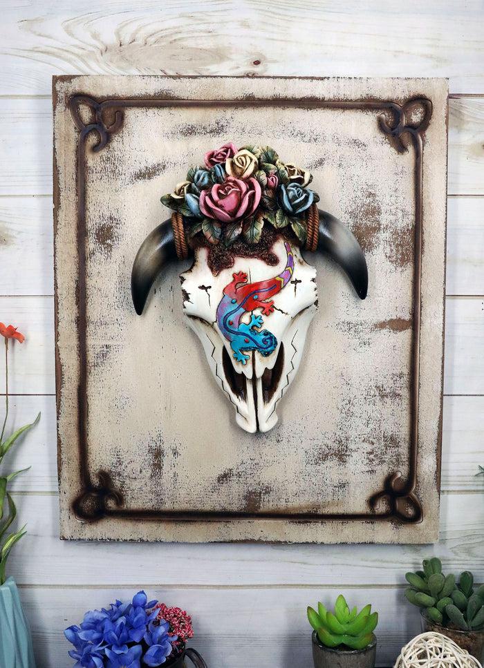 ebros gift Rustic Western Lizard Gecko Cow Skull With Colorful Roses Wall Decor Plaque