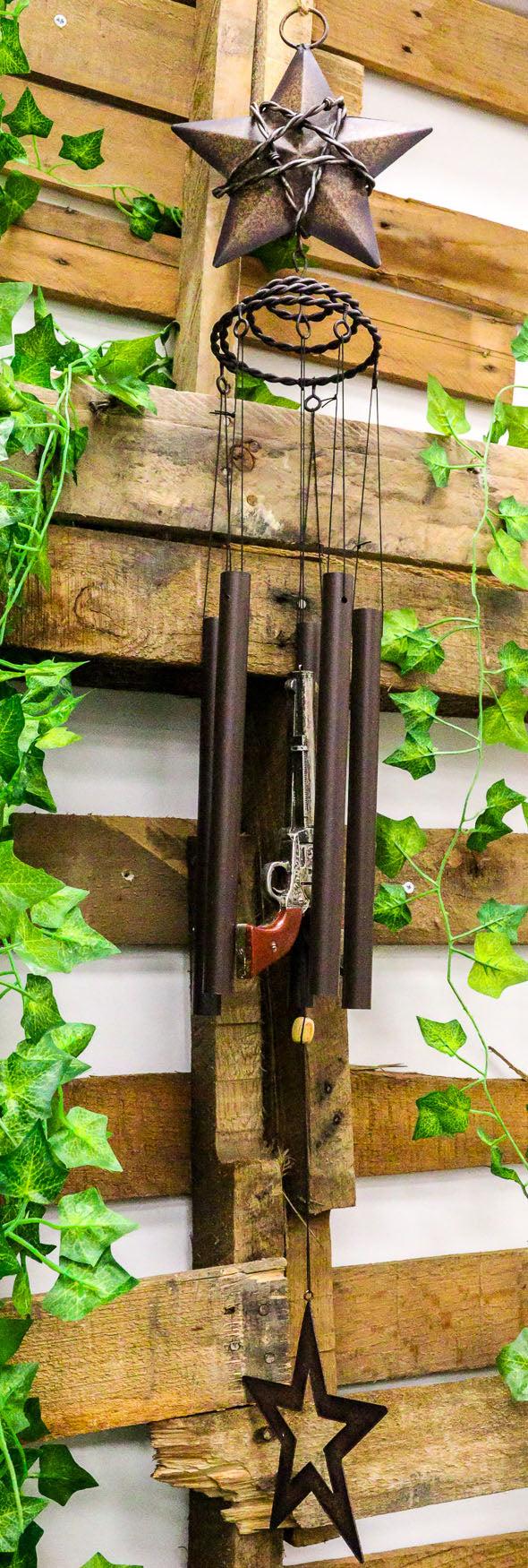 ebros gift Rustic Western Lone Star With Barbed Wire Cords And Pistol Guns Wind Chime Decor
