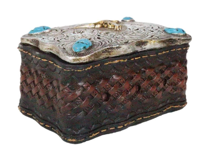 Ebros Gift Rustic Western Longhorn Cow Skull Concho Tooled Leather Decorative Trinket Box