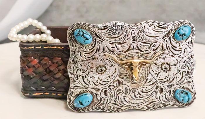 ebros gift Rustic Western Longhorn Cow Skull Concho Tooled Leather Decorative Trinket Box