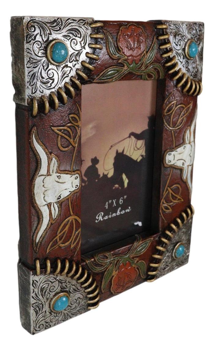 Ebros Gift Rustic Western Longhorns Silver Conchos Turquoise Gems Picture Photo Frame 4"X6"