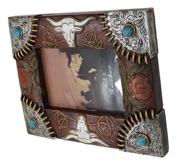 Ebros Gift Rustic Western Longhorns Silver Conchos Turquoise Gems Picture Photo Frame 4"X6"