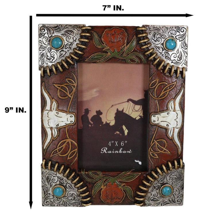 Ebros Gift Rustic Western Longhorns Silver Conchos Turquoise Gems Picture Photo Frame 4"X6"