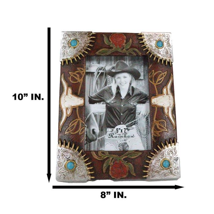 Ebros Gift Rustic Western Longhorns Silver Conchos Turquoise Gems Picture Photo Frame 4"X6"