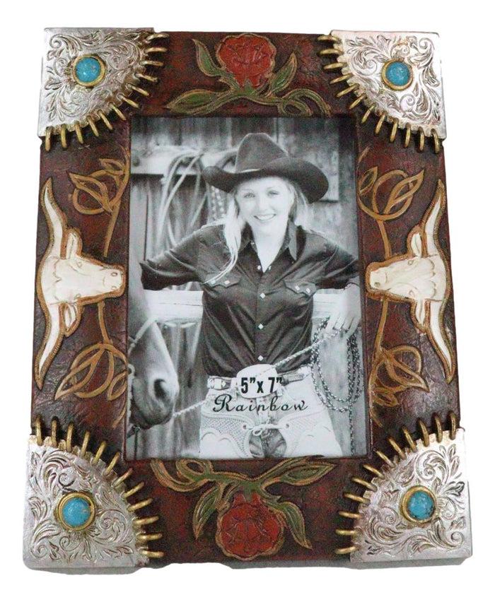 Ebros Gift Rustic Western Longhorns Silver Conchos Turquoise Gems Picture Photo Frame 4"X6"
