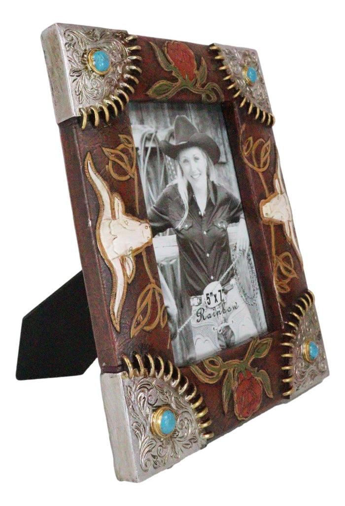 Ebros Gift Rustic Western Longhorns Silver Conchos Turquoise Gems Picture Photo Frame 4"X6"