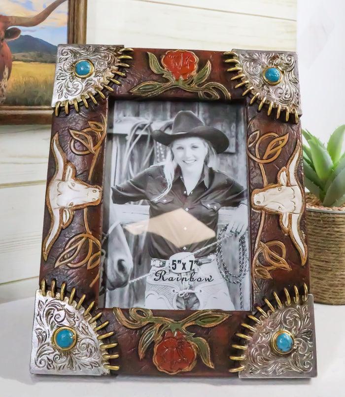 ebros gift Rustic Western Longhorns Silver Conchos Turquoise Gems Picture Photo Frame 4"X6"