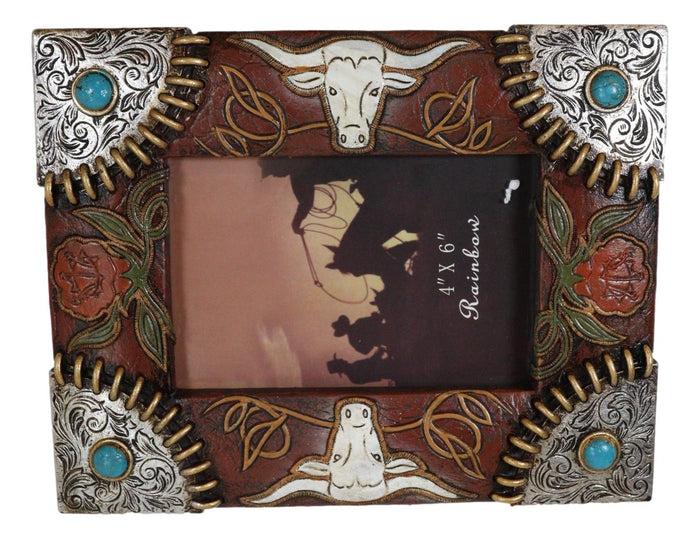 ebros gift Rustic Western Longhorns Silver Conchos Turquoise Gems Picture Photo Frame 4"X6"