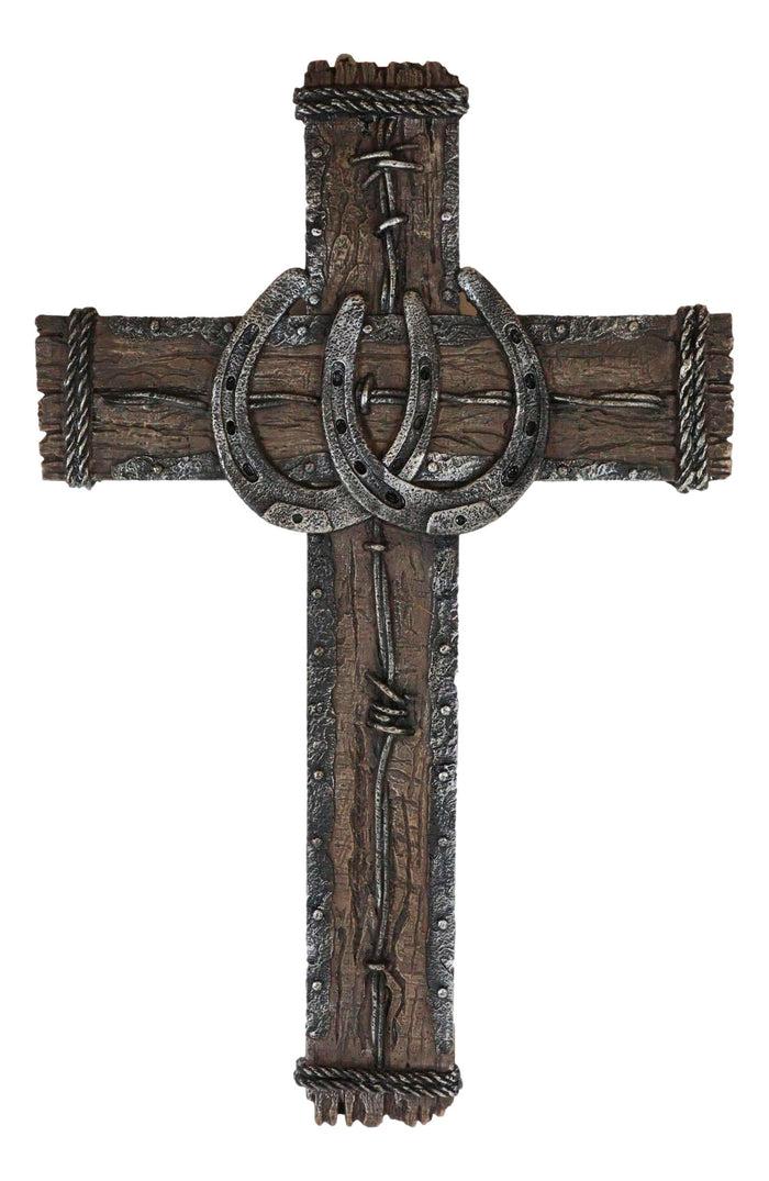 Ebros Gift Rustic Western Lucky Horseshoes Barbed Wire And Rope Wall Cross Decor Plaque 19"