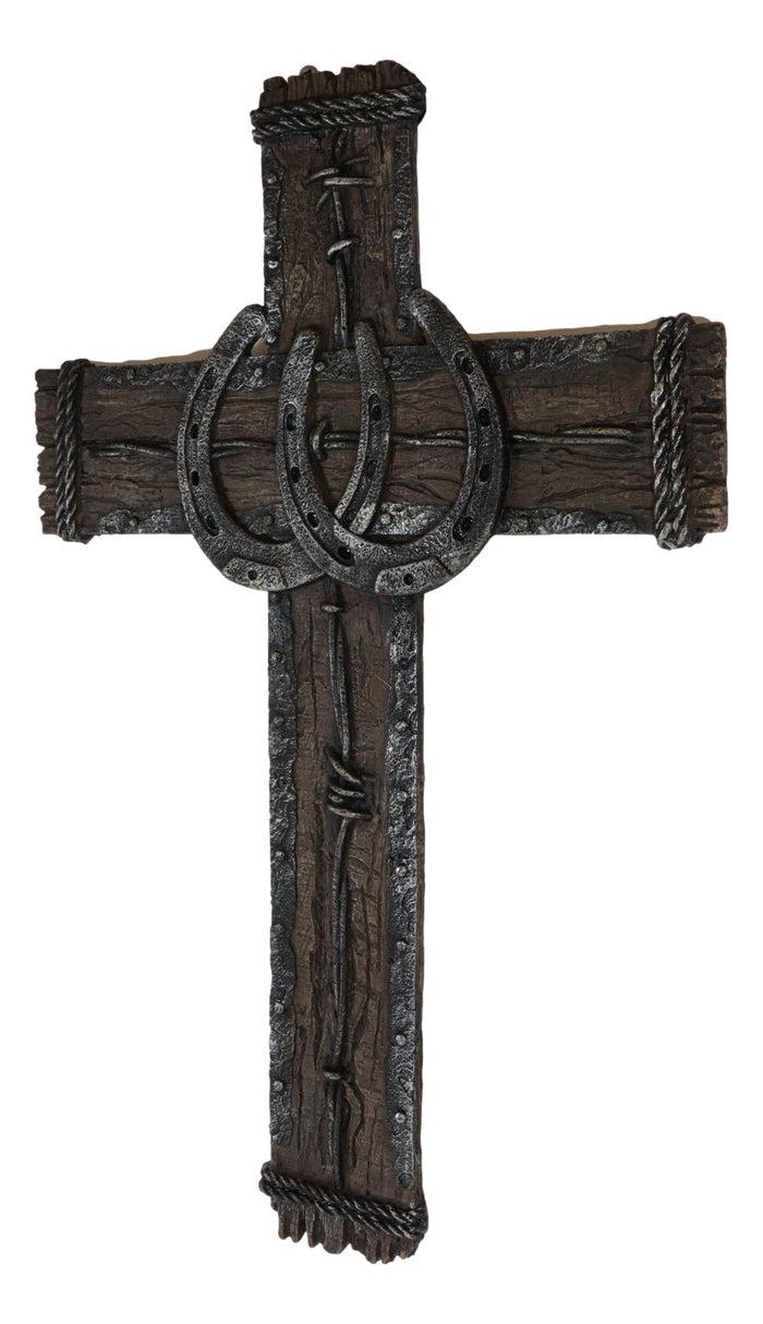 Ebros Gift Rustic Western Lucky Horseshoes Barbed Wire And Rope Wall Cross Decor Plaque 19"