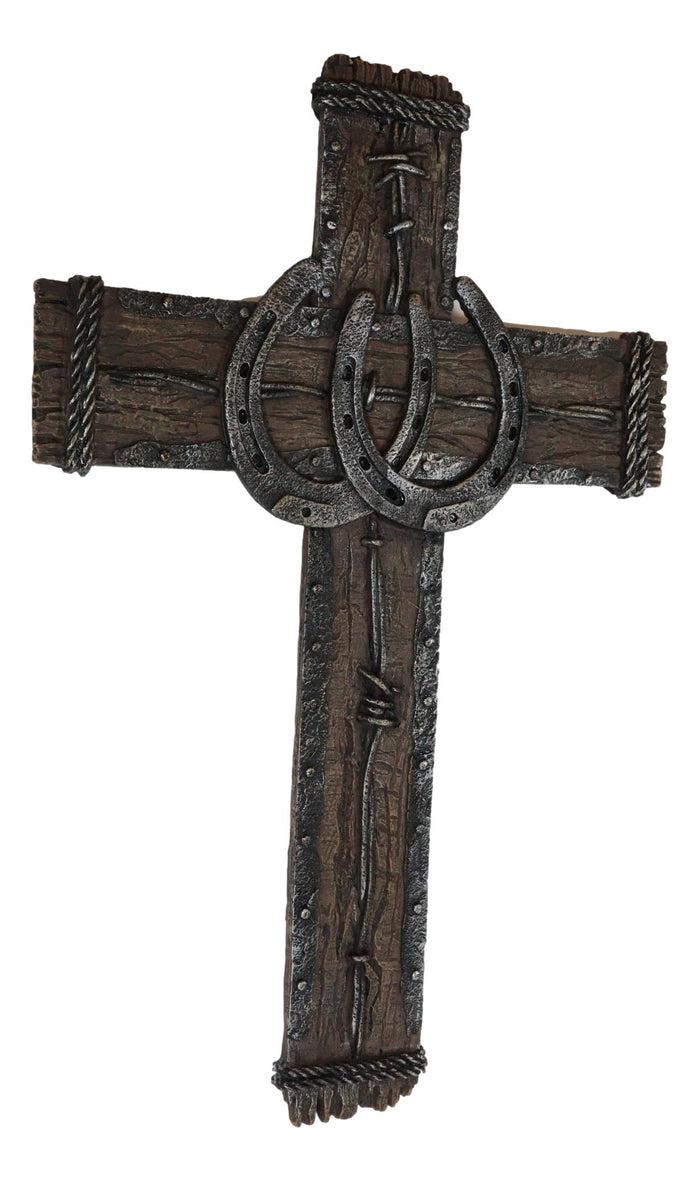 Ebros Gift Rustic Western Lucky Horseshoes Barbed Wire And Rope Wall Cross Decor Plaque 19"