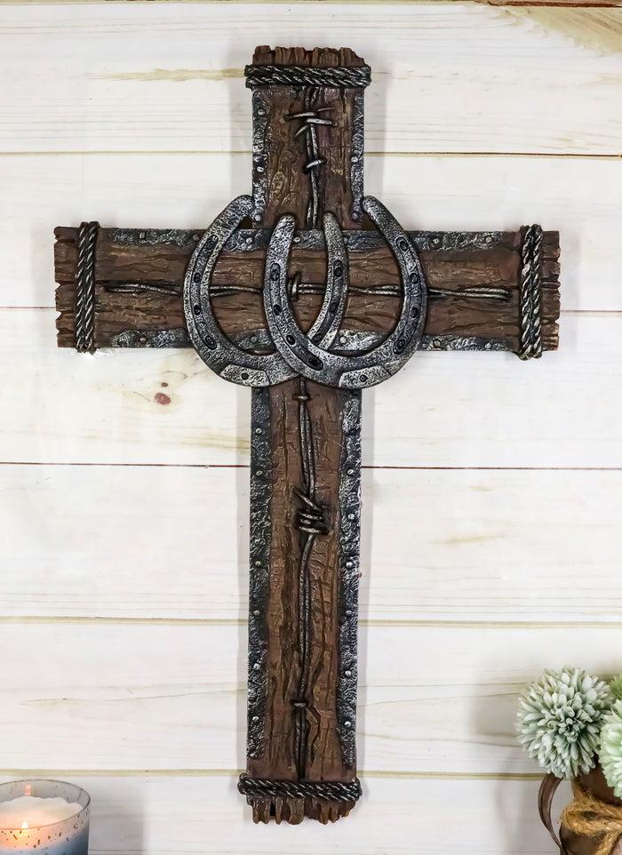 ebros gift Rustic Western Lucky Horseshoes Barbed Wire And Rope Wall Cross Decor Plaque 19"
