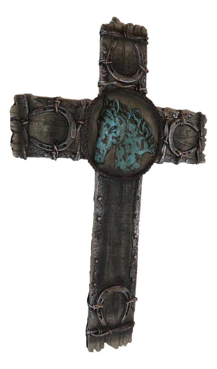 Ebros Gift Rustic Western Lucky Horseshoes Turquoise Horse Barbed Wires Wall Cross Decor