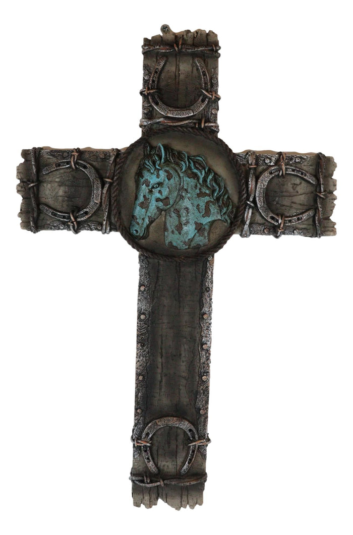 Ebros Gift Rustic Western Lucky Horseshoes Turquoise Horse Barbed Wires Wall Cross Decor