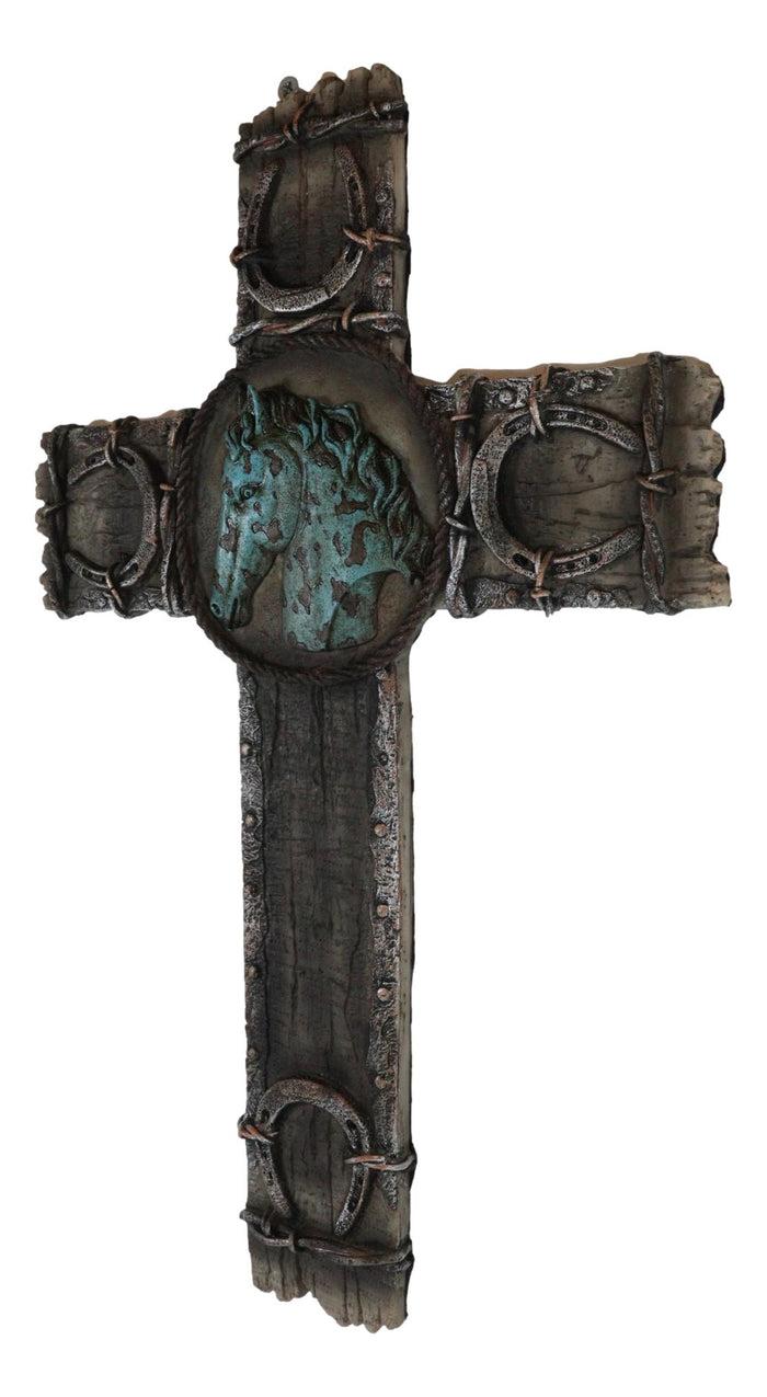 Ebros Gift Rustic Western Lucky Horseshoes Turquoise Horse Barbed Wires Wall Cross Decor