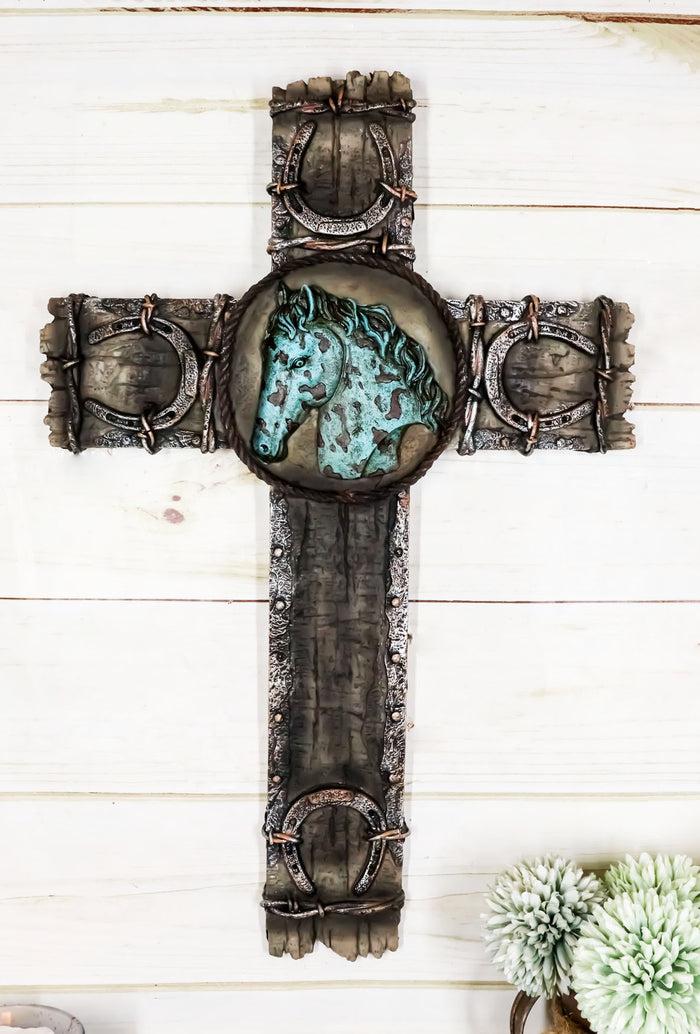 ebros gift Rustic Western Lucky Horseshoes Turquoise Horse Barbed Wires Wall Cross Decor