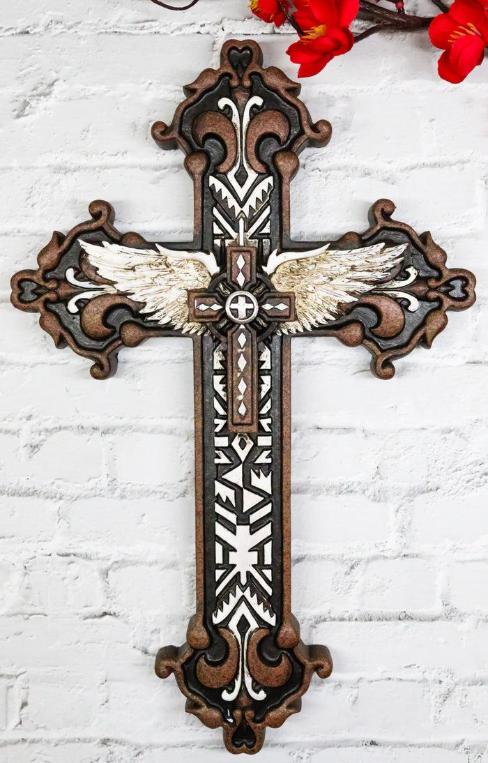 ebros gift Rustic Western Mayan Aztec Ancient Symbols With Angel Wings Wall Cross Decor