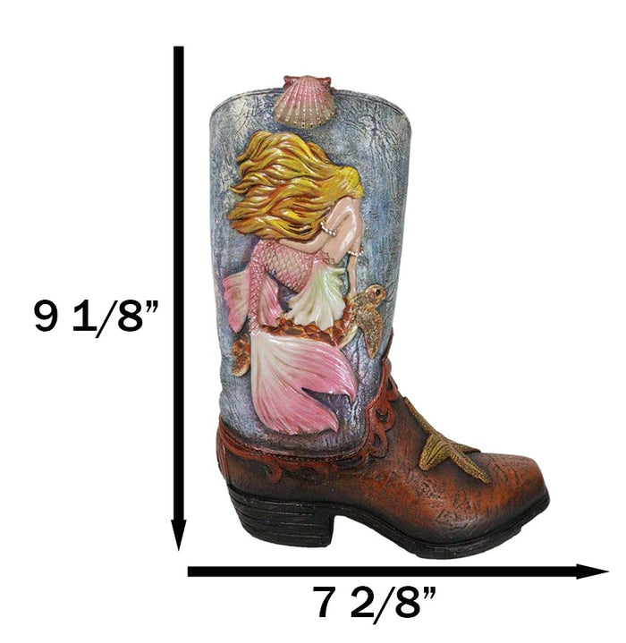 Ebros Gift Rustic Western Mermaid Starfish And Sea Turtle Cowgirl Boot Utensils Flower Vase