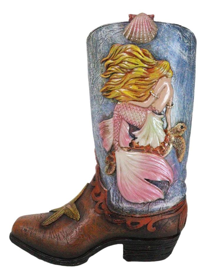 Ebros Gift Rustic Western Mermaid Starfish And Sea Turtle Cowgirl Boot Utensils Flower Vase