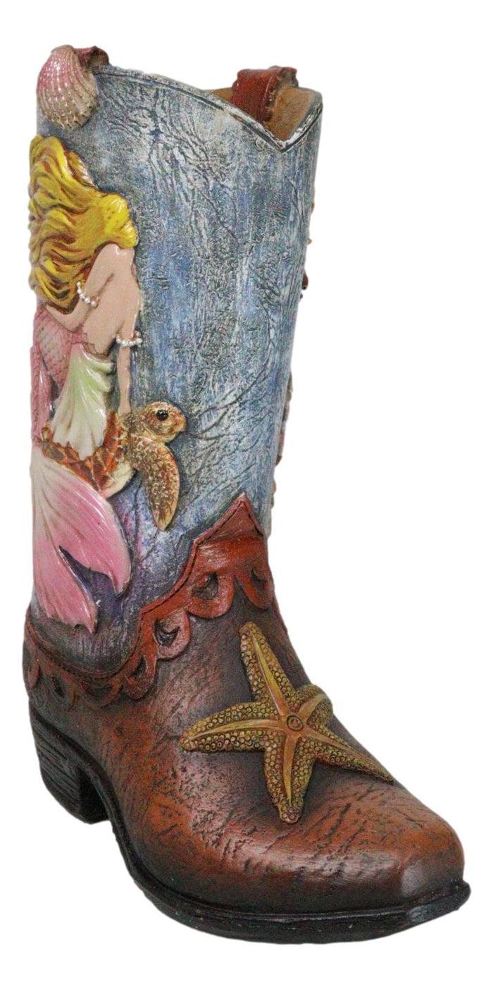 Ebros Gift Rustic Western Mermaid Starfish And Sea Turtle Cowgirl Boot Utensils Flower Vase