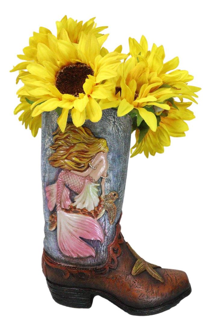ebros gift Rustic Western Mermaid Starfish And Sea Turtle Cowgirl Boot Utensils Flower Vase