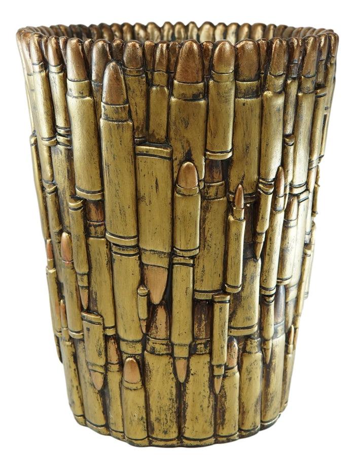 Ebros Gift Rustic Western Military Rifle Ammo Shells Gold Tone Bullets Waste Basket Bin