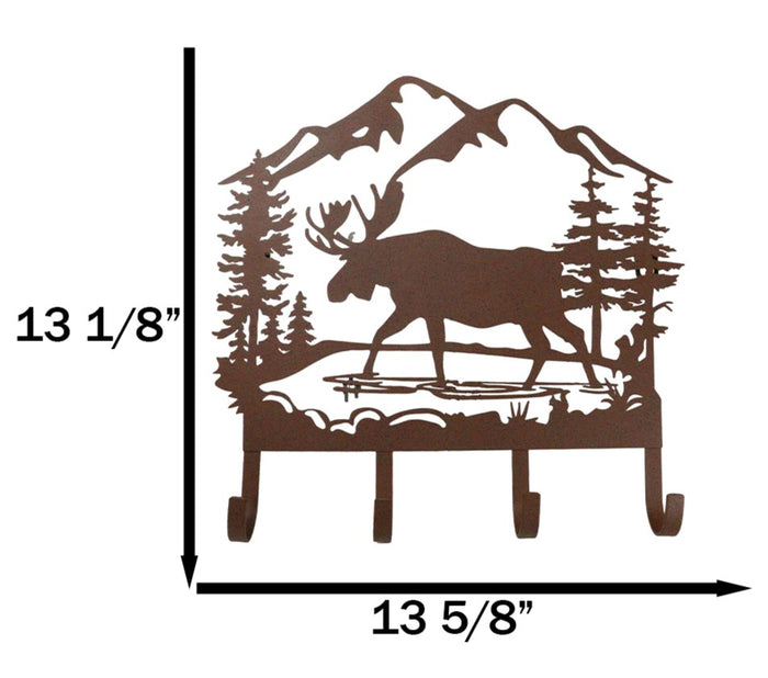 Ebros Gift Rustic Western Moose Deer By Pine Forest Mountain 4-Peg Wooden Wall Hooks Plaque