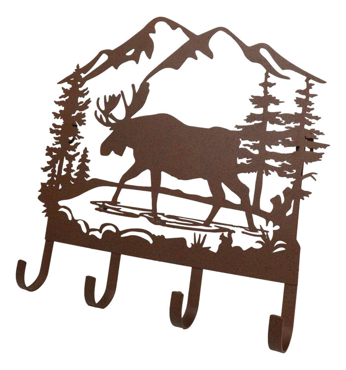 Ebros Gift Rustic Western Moose Deer By Pine Forest Mountain 4-Peg Wooden Wall Hooks Plaque