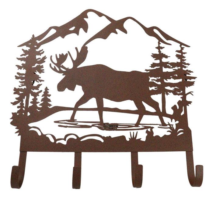 Ebros Gift Rustic Western Moose Deer By Pine Forest Mountain 4-Peg Wooden Wall Hooks Plaque