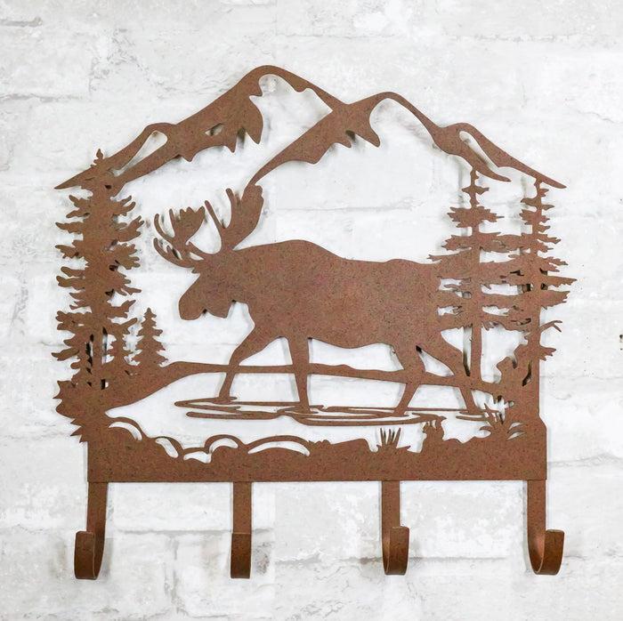 ebros gift Rustic Western Moose Deer By Pine Forest Mountain 4-Peg Wooden Wall Hooks Plaque