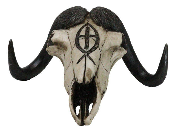 Ebros Gift Rustic Western Musk Ox Cattle Bull Skull With Christian Ichthys Symbol Figurine