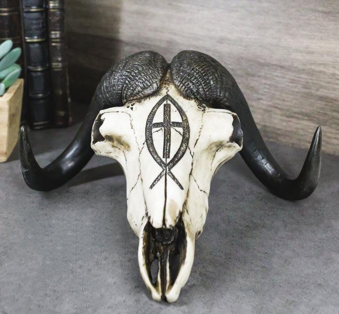 ebros gift Rustic Western Musk Ox Cattle Bull Skull With Christian Ichthys Symbol Figurine