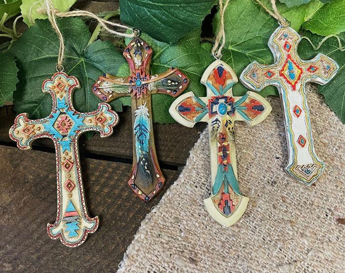 ebros gift Rustic Western Native Indian Christian Crosses Set of 4 Christmas Tree Ornaments