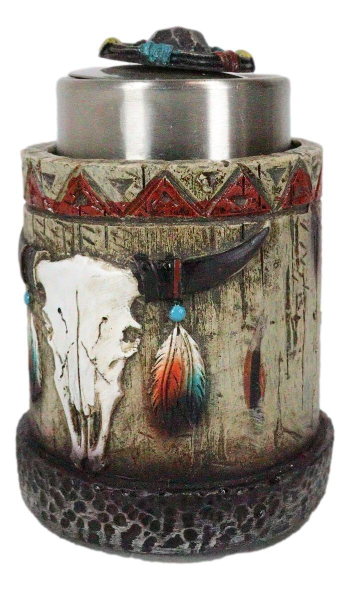 Ebros Gift Rustic Western Native Indian Cow Skull Feathers Spring Barrel Toothpick Holder