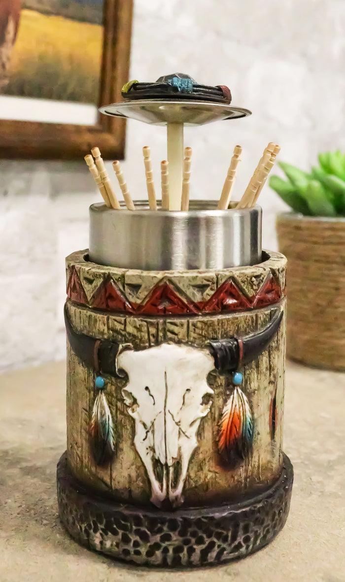 ebros gift Rustic Western Native Indian Cow Skull Feathers Spring Barrel Toothpick Holder