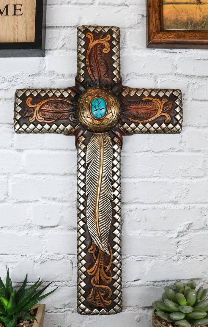 ebros gift Rustic Western Native Indian Dreamcatcher Feathers Turquoise Rock Wall Cross