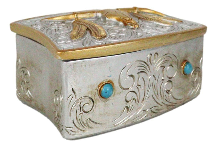 Ebros Gift Rustic Western Native Indian Feathers Longhorn Cow Skull Decorative Trinket Box