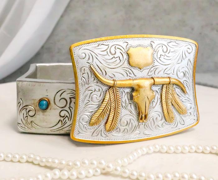 ebros gift Rustic Western Native Indian Feathers Longhorn Cow Skull Decorative Trinket Box