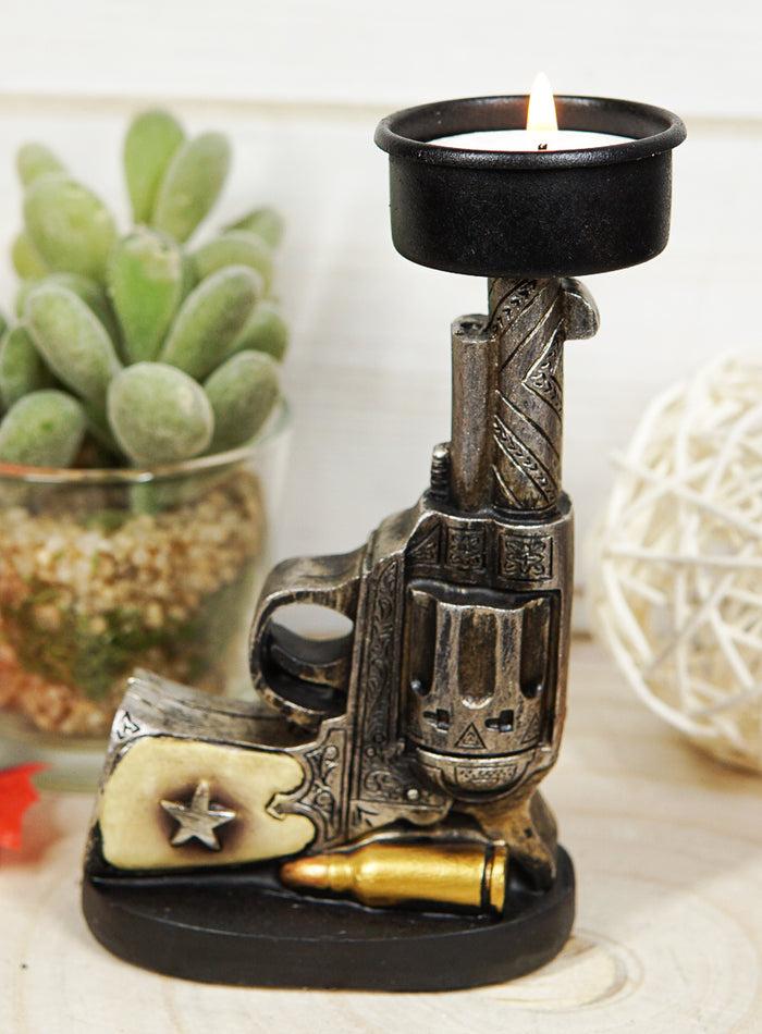 ebros gift Rustic Western Outlaw Cowboy Revolver Pistol Gun Votive Tea Light Candle Holder