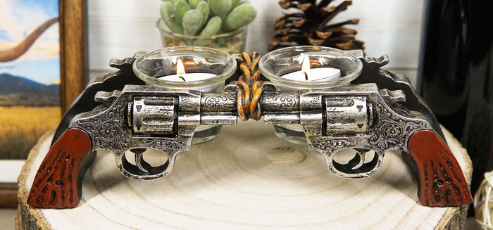 ebros gift Rustic Western Outlaw Dual Revolver Pistol Guns Tea Light Votives Candle Holder
