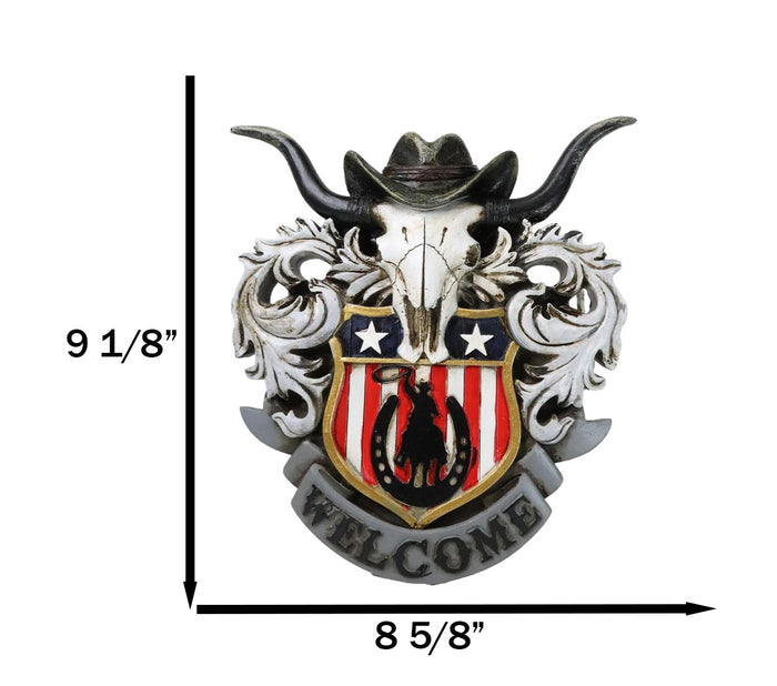 Ebros Gift Rustic Western Patriotic Longhorn Cow Skull Cowboy Hat Welcome Wall Decor Plaque