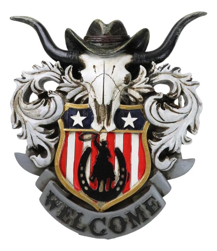 ebros gift Rustic Western Patriotic Longhorn Cow Skull Cowboy Hat Welcome Wall Decor Plaque