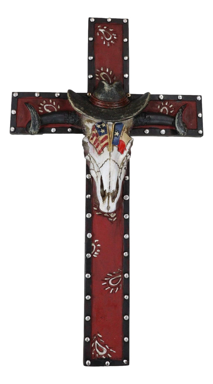 Ebros Gift Rustic Western Patriotic Longhorn Cow Skull With USA Texas Flags Hat Wall Cross