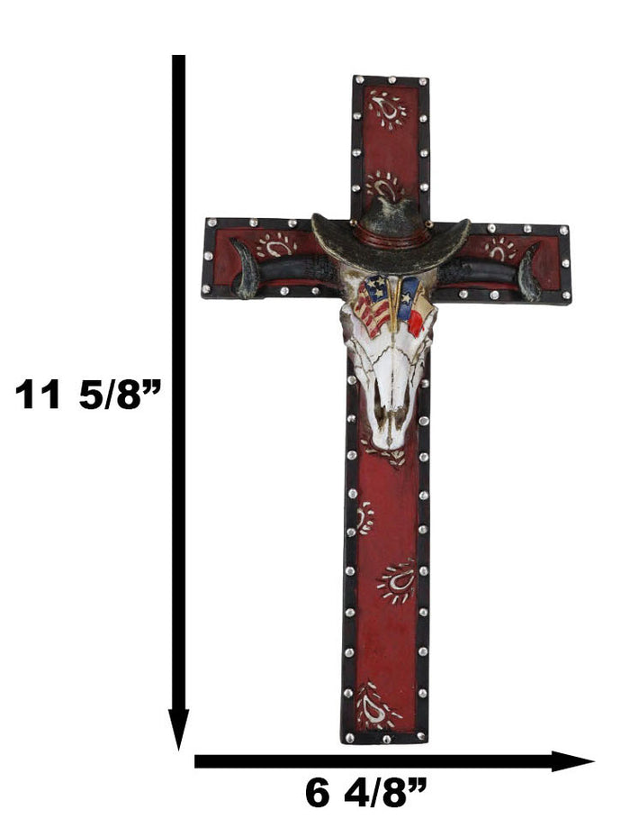 Ebros Gift Rustic Western Patriotic Longhorn Cow Skull With USA Texas Flags Hat Wall Cross