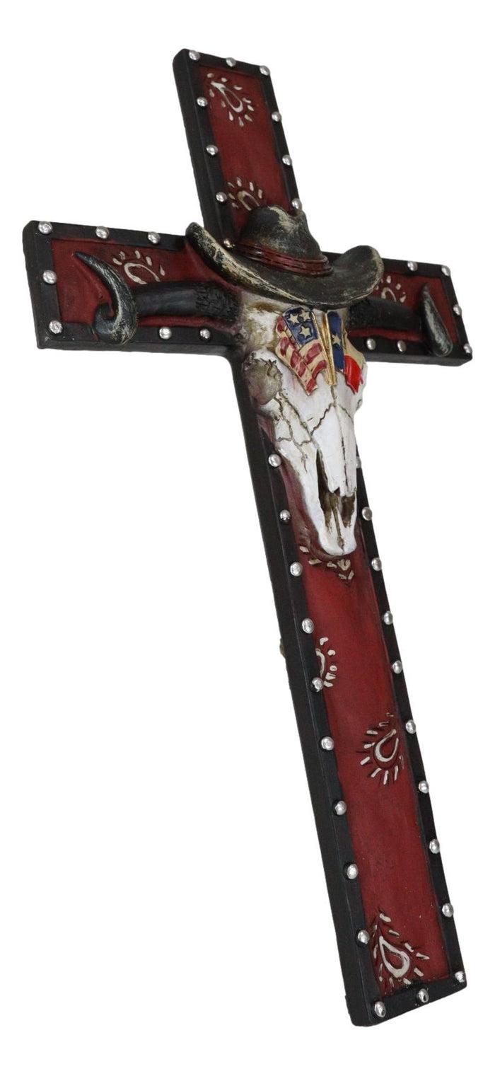 Ebros Gift Rustic Western Patriotic Longhorn Cow Skull With USA Texas Flags Hat Wall Cross