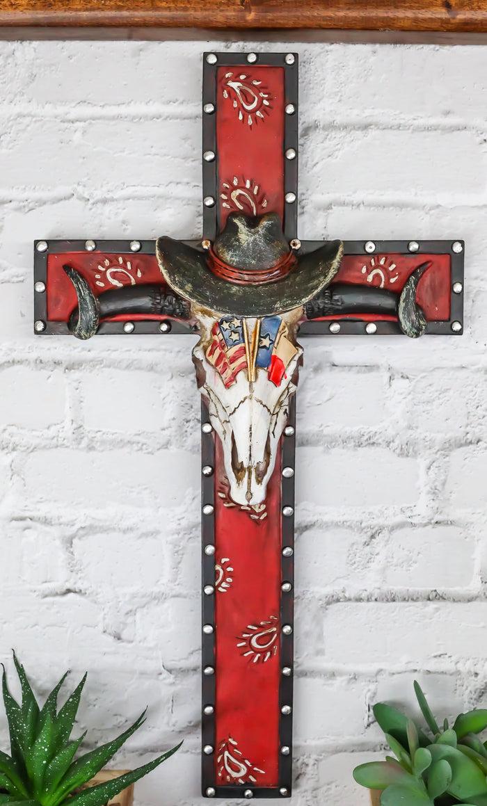 ebros gift Rustic Western Patriotic Longhorn Cow Skull With USA Texas Flags Hat Wall Cross
