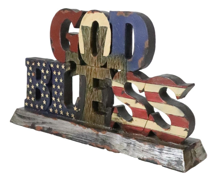 Ebros Gift Rustic Western Patriotic United States Flag With Cross God Bless Desktop Plaque